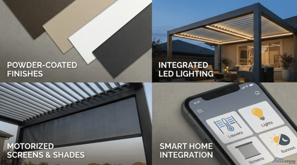 Collage showing LED lighting, finish colors, screens, and app control options for motorized louvered systems.