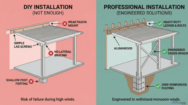 Comparison graphic of DIY versus professional Alumawood patio reinforcement solutions.