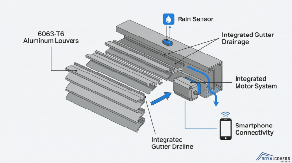 Diagram showing internal components and operation of a motorized louvered Alumawood system.