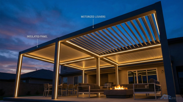 Modern Alumawood patio cover with insulated panels and motorized louver system.