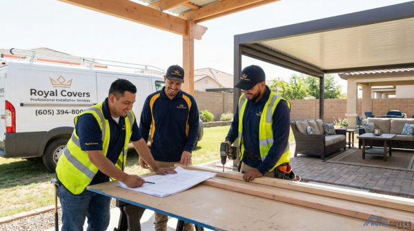 Royal Covers installation team building a new Alumawood patio cover with tools and blueprints.