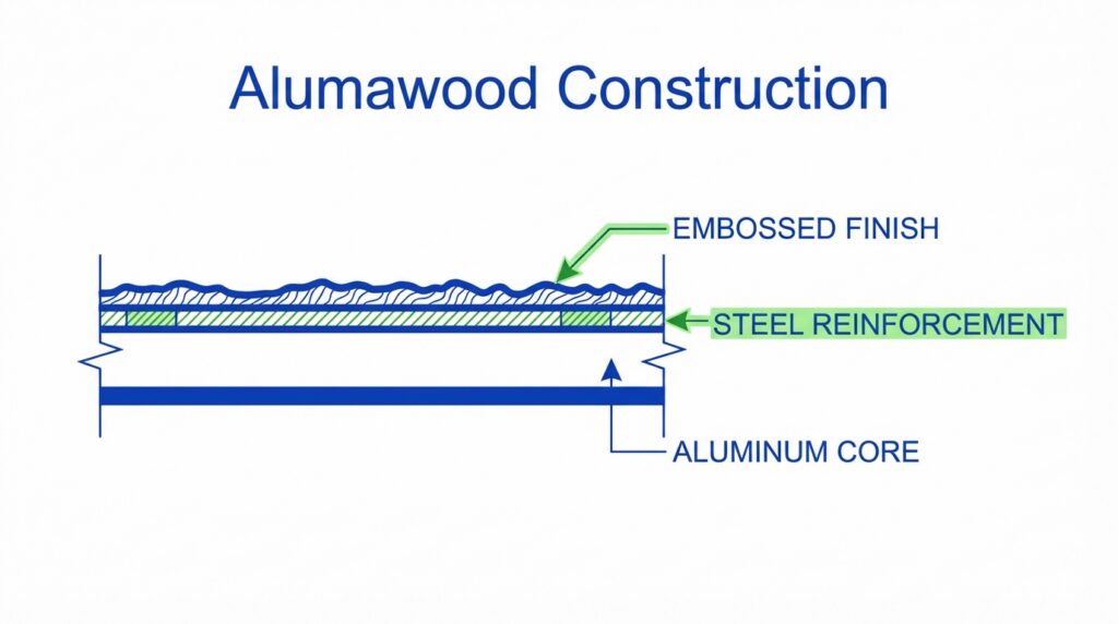 Construction diagram showing Alumawood material layers, including embossed finish, steel reinforcement, and aluminum core.