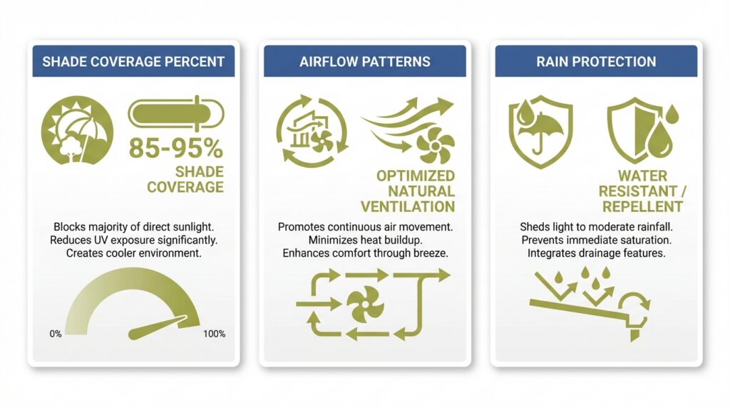 Infographic showing key differences in Alumawood roof performance, including 85 to 95 percent shade coverage, optimized natural ventilation, and water-resistant rain protection.