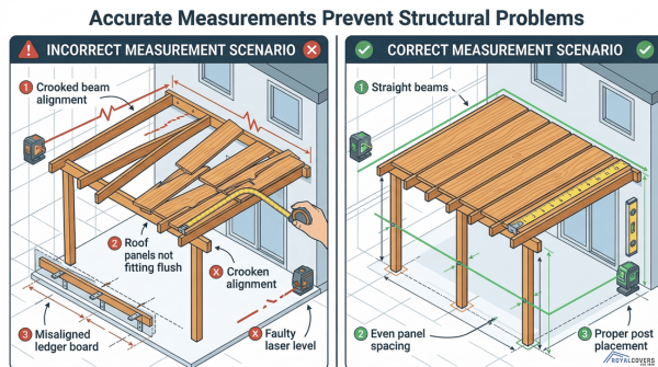 Comparison of correct and incorrect measurements for patio cover posts, beams, and roof panels.