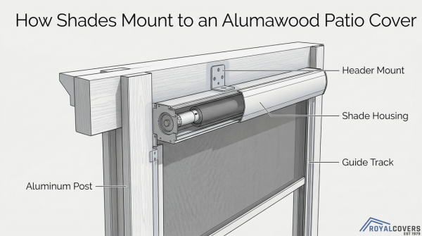 Diagram showing rolling shade housing mounted to the header of an Alumawood patio cover frame.