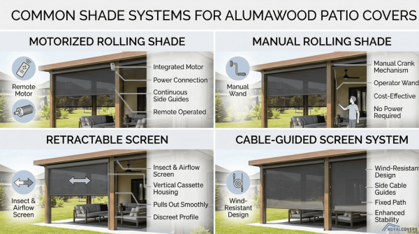 Comparison of rolling shades, retractable screens, and cable-guided screen systems used with patio covers.