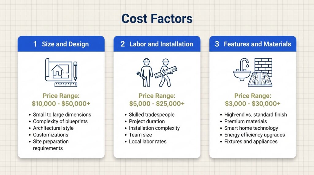 Cost factors infographic breaking pergola pricing into three categories: size and design, labor and installation, and features and materials, each with broad price ranges.