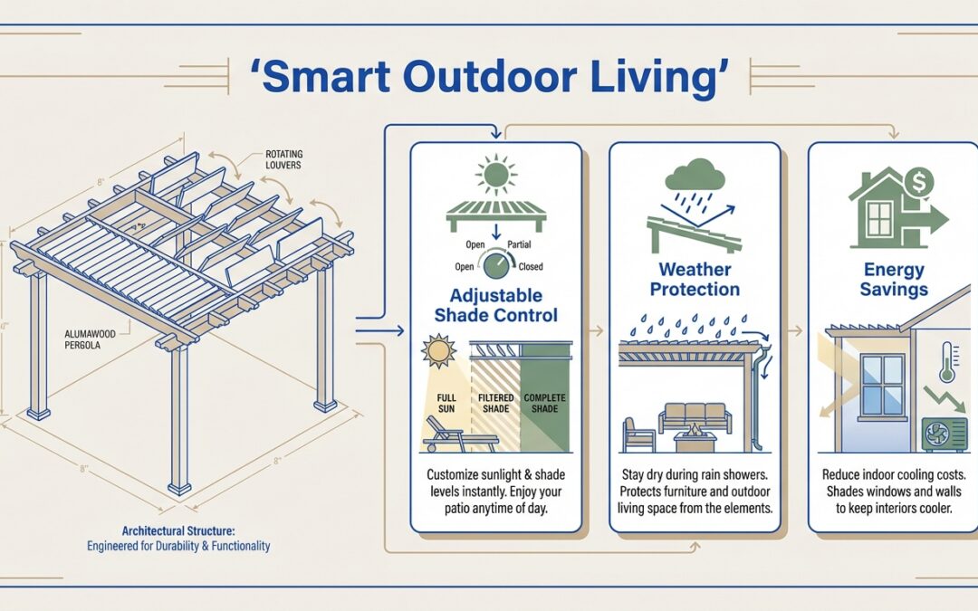 Infographic showing an Alumawood pergola with rotating louvers and three benefits: adjustable shade control, weather protection, and energy savings.