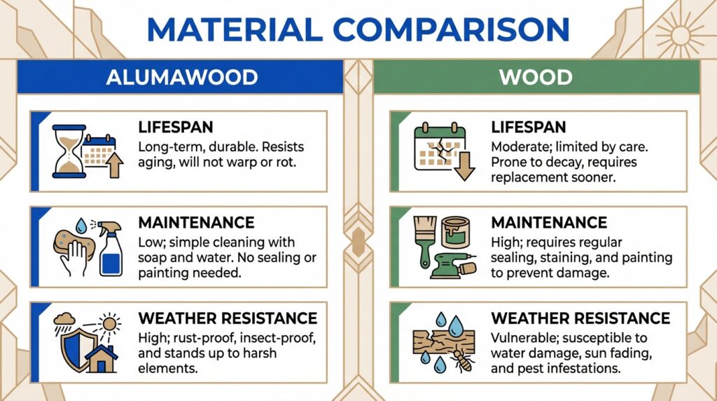 Material comparison chart contrasting Alumawood and wood for lifespan, maintenance, and weather resistance, showing Alumawood as longer-lasting and lower maintenance.