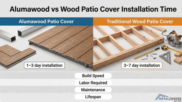 Side-by-side comparison of Alumawood and wood patio cover installation timelines.