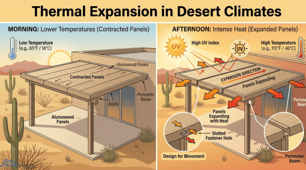 Infographic showing aluminum patio cover panels expanding under desert heat.