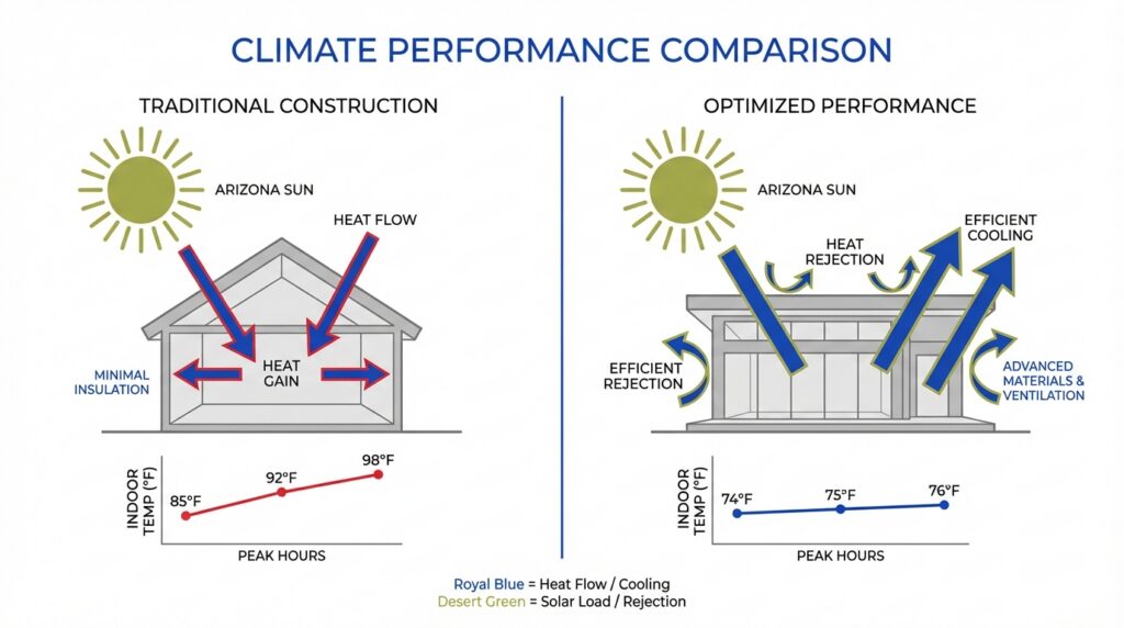 Infographic comparing traditional construction versus optimized Alumawood-style climate performance in Arizona, showing reduced heat gain, improved heat rejection, and lower indoor peak temperatures.