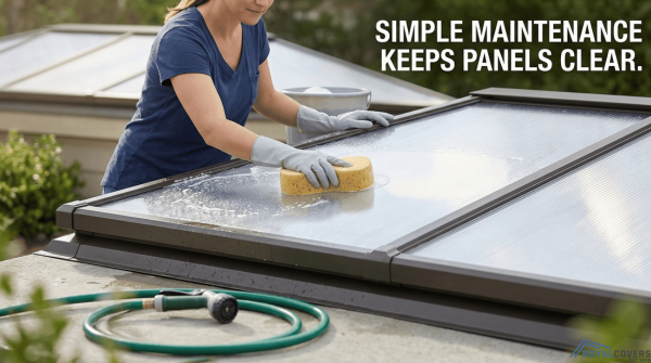 Homeowner cleaning a translucent polycarbonate skylight panel on a patio cover.