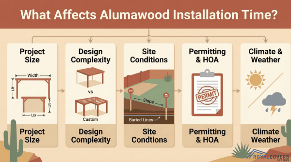 Visual grid illustrating key factors that influence Alumawood patio cover installation timelines.