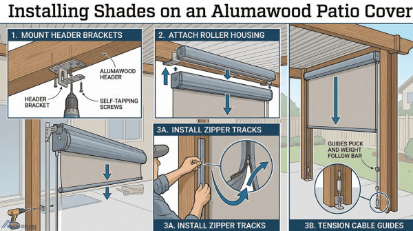 Illustration of rolling shade installation on an Alumawood patio cover frame with guide tracks.