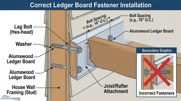 Diagram showing correct lag bolt installation for attaching a patio cover ledger board.