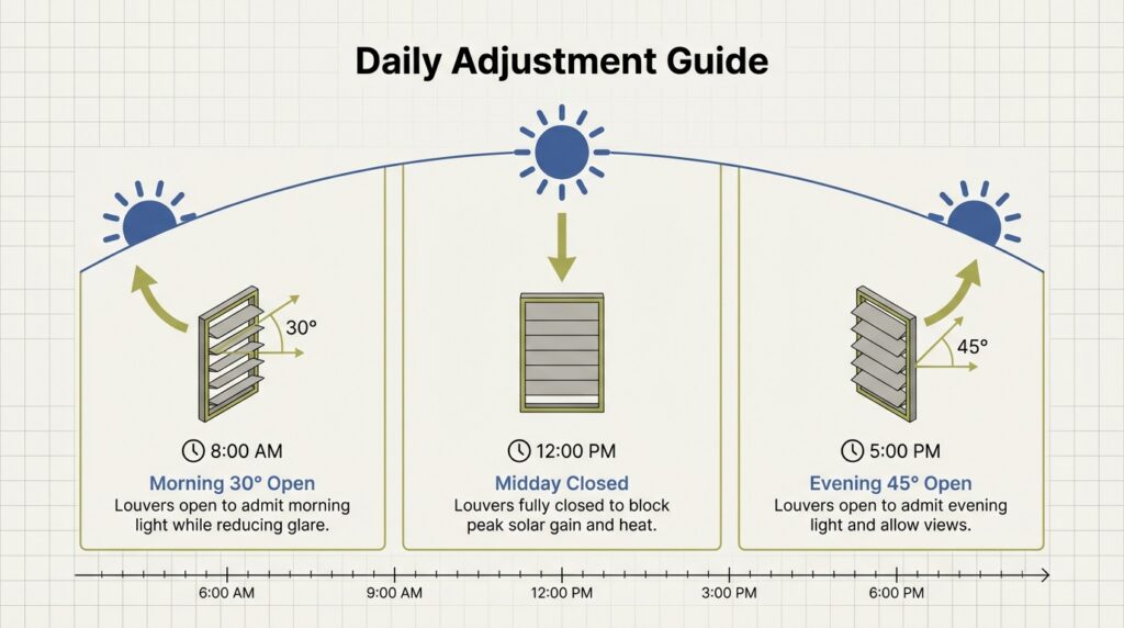A simple guide for changing louver angles throughout the day to manage sunlight and heat.