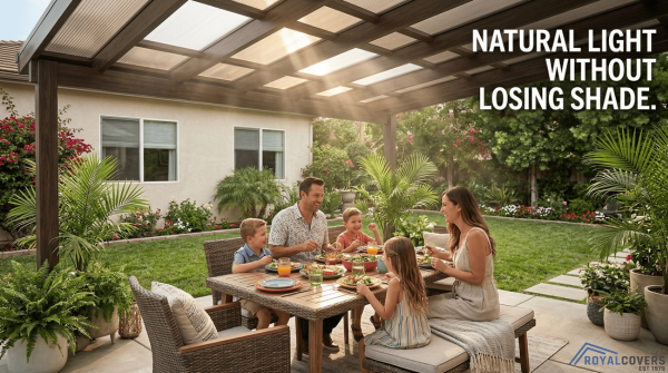 Covered patio with polycarbonate skylight inserts allowing sunlight to illuminate outdoor seating area.