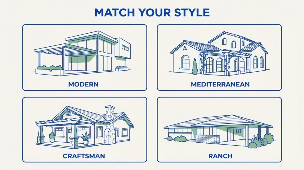Style guide illustration showing patio cover design compatibility with modern, Mediterranean, craftsman, and ranch home styles.