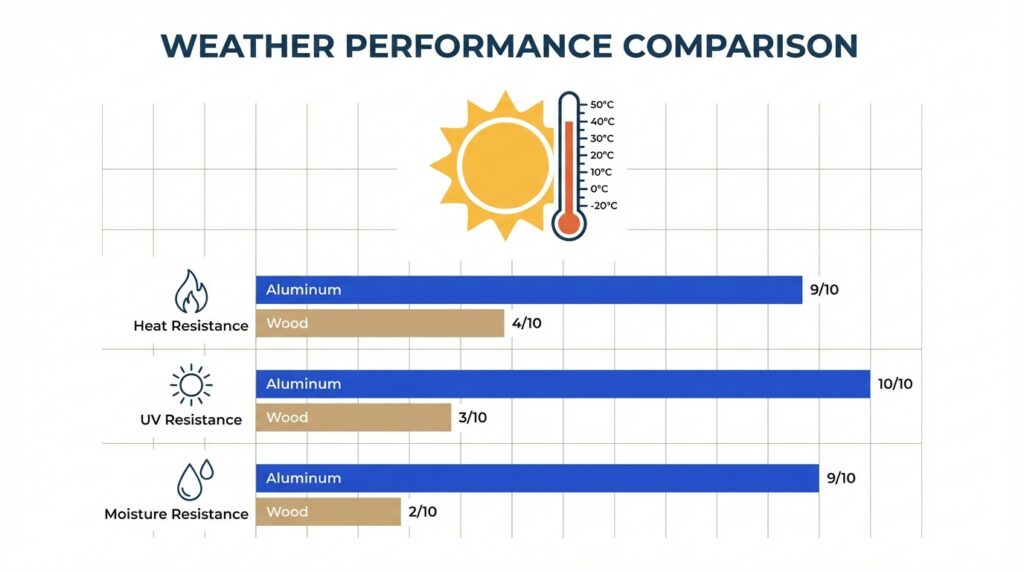 Bar chart comparing aluminum and wood pergola performance for heat resistance, UV resistance, and moisture resistance, with aluminum scoring much higher in all categories.