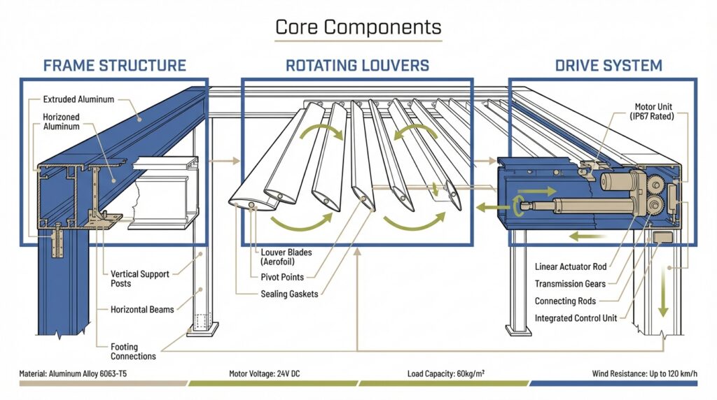 Technical diagram of a motorized louvered pergola showing frame structure, rotating louvers, and drive system with labeled aluminum and motor components.
