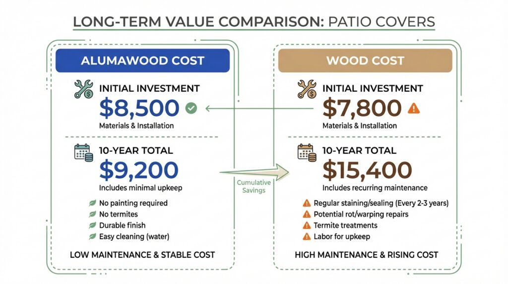 Long-term patio cover cost infographic comparing Alumawood and wood, showing similar upfront pricing but much lower 10-year maintenance costs for Alumawood.
