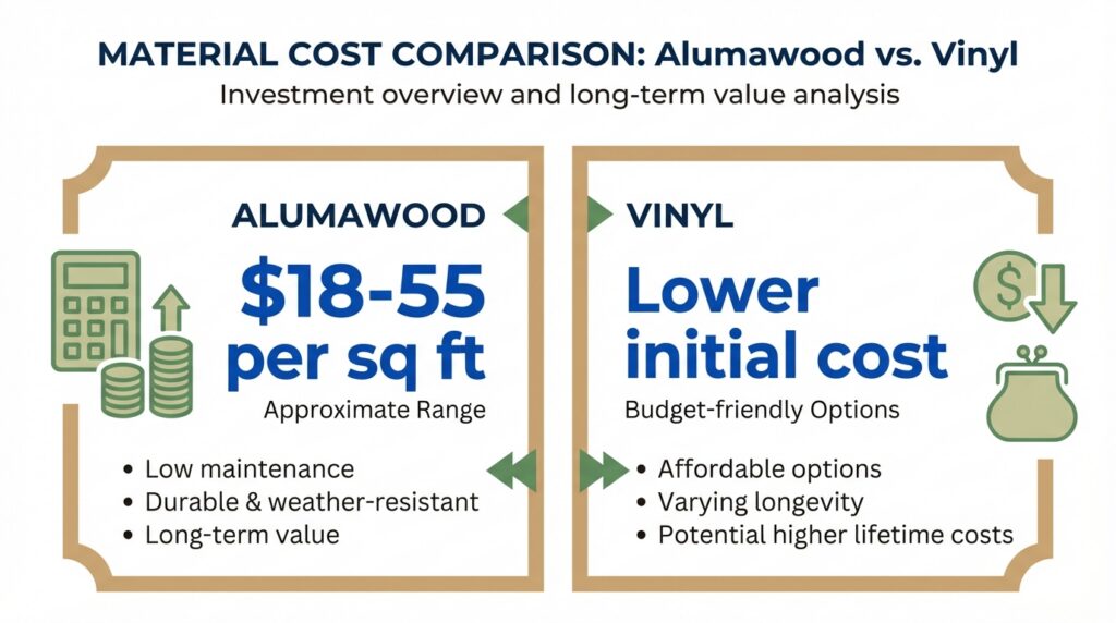 Cost comparison infographic showing Alumawood price-per-square-foot range versus vinyl’s lower upfront cost and budget-focused appeal.