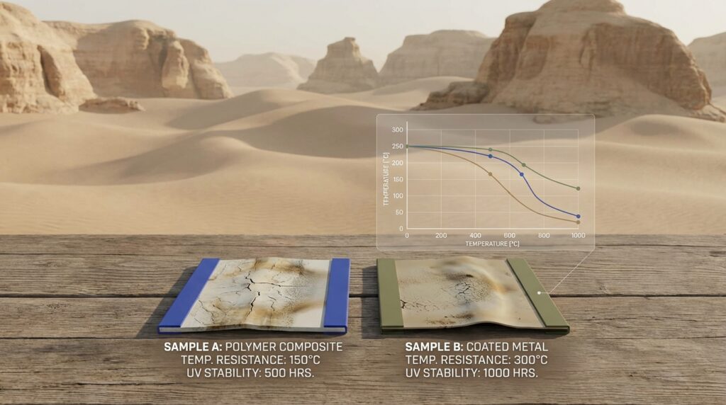 Desert test illustration comparing two material samples, showing coated metal with higher temperature resistance and UV stability than polymer composite.