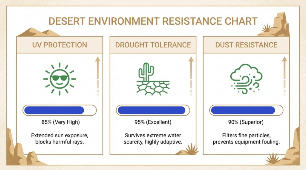 Desert environment resistance chart rating pergola performance for UV protection, drought tolerance, and dust resistance with high percentage scores.