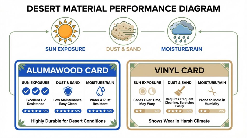 Desert climate performance infographic rating Alumawood and vinyl for sun exposure, dust, sand, and moisture resistance in harsh outdoor conditions.