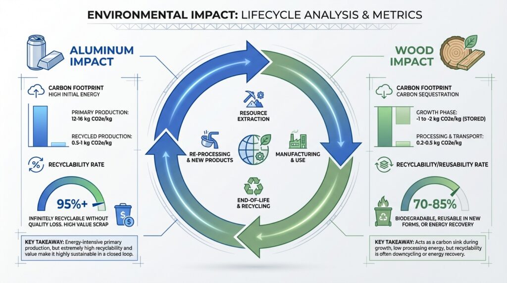 Lifecycle infographic comparing aluminum and wood environmental impact, including carbon footprint, recyclability rates, and circular use from production to recycling.