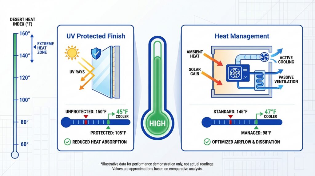 Desert heat performance infographic showing UV-protected finish and heat management features that reduce surface temperature and improve airflow.