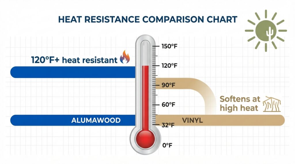 Heat resistance chart comparing Alumawood and vinyl, showing Alumawood performing better in extreme high-temperature conditions.