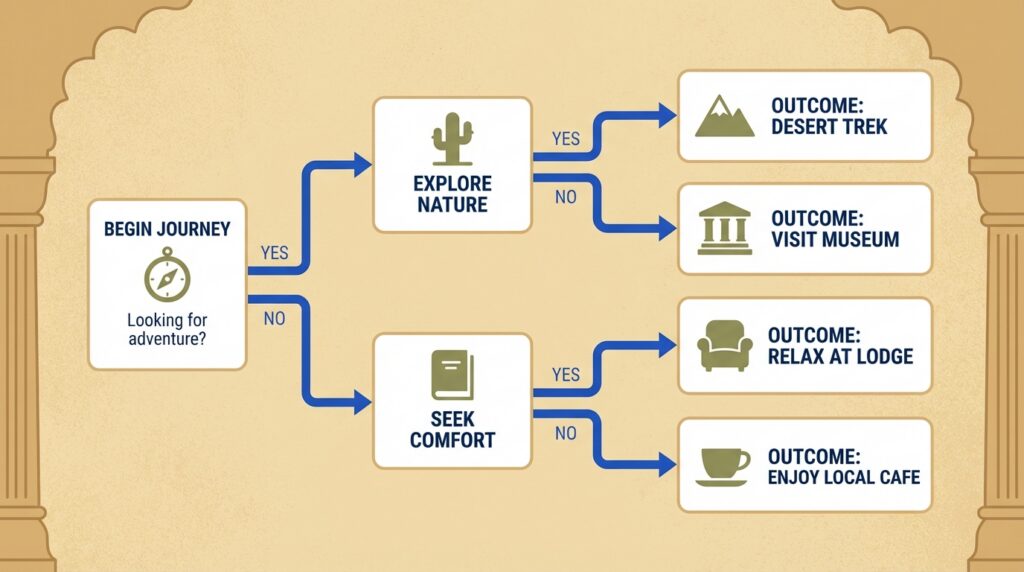 Decision flowchart guiding choices between adventure and comfort, leading to outcomes such as desert trek, museum visit, lodge stay, or local cafe.