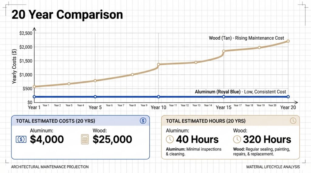 Twenty-year comparison chart showing aluminum with low, steady yearly maintenance costs and wood with rising costs, plus total cost and labor-hour estimates.