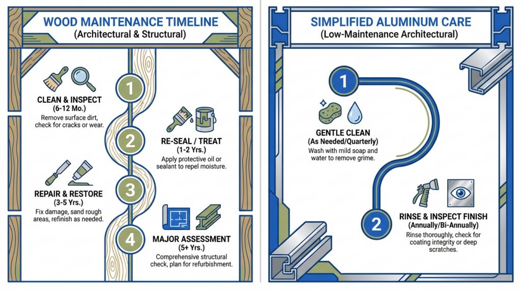 Side-by-side maintenance timeline comparing wood pergola care with simplified aluminum care, showing more frequent treatment for wood and minimal cleaning for aluminum.
