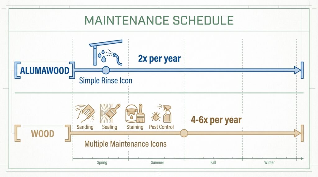 Maintenance schedule infographic comparing Alumawood and wood pergolas, showing Alumawood needs simple rinsing twice yearly while wood needs multiple upkeep tasks four to six times per year.