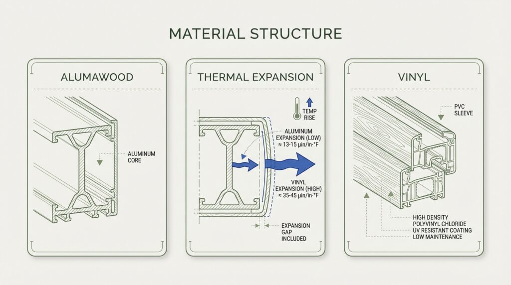 Three-panel material structure diagram showing Alumawood aluminum core, vinyl profile design, and their different thermal expansion behavior.