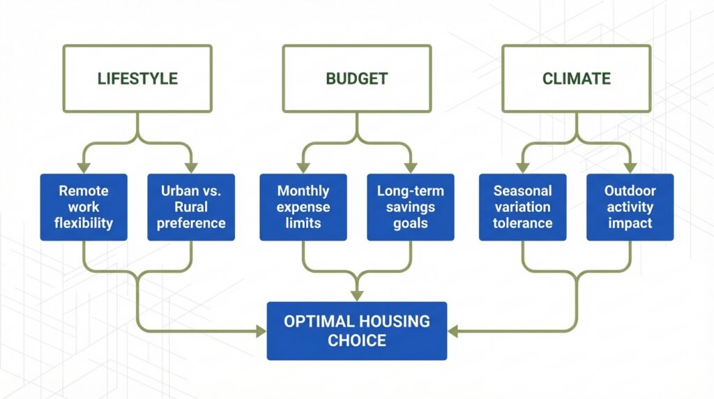 Decision flowchart showing how lifestyle, budget, and climate factors connect to choosing the best housing or pergola material option.
