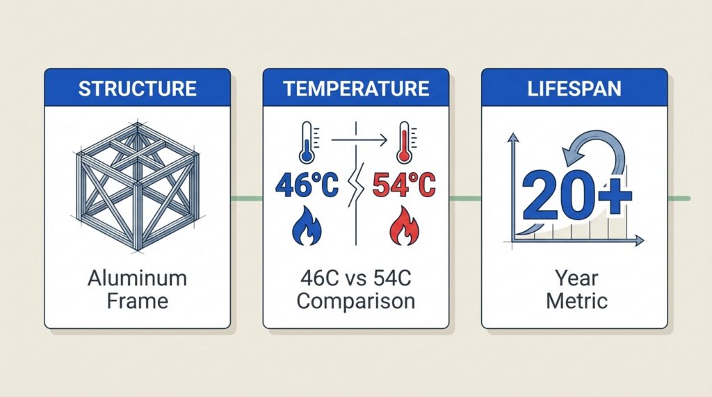 A compact benefits graphic focused on aluminum strength, heat performance, and longevity.
