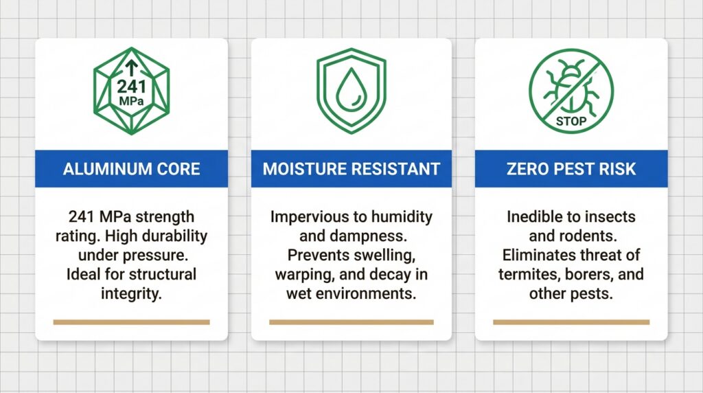 A feature summary showing why Alumawood is built for durability and low risk.