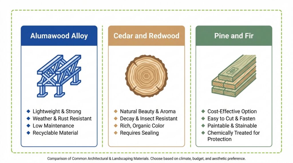 Three-panel pergola material comparison showing Alumawood alloy, cedar and redwood, and pine and fir with key traits like strength, maintenance, durability, and appearance.