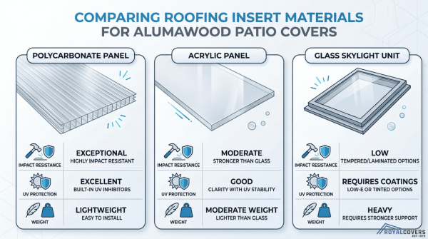 Comparison graphic showing polycarbonate, acrylic, and glass skylight panel materials.