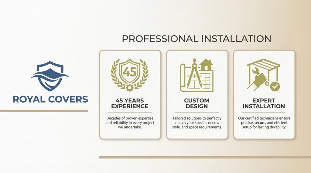 Service graphic for Royal Covers highlighting professional installation, 45 years of experience, custom design, and expert installation support.