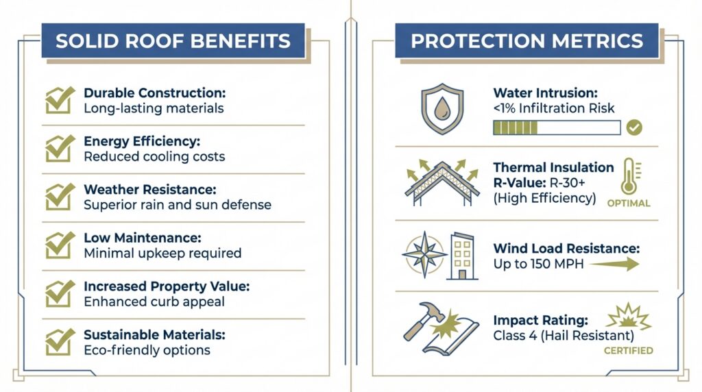 Infographic outlining solid roof benefits such as durable construction, energy efficiency, weather resistance, low maintenance, increased property value, and sustainability, alongside protection performance metrics.