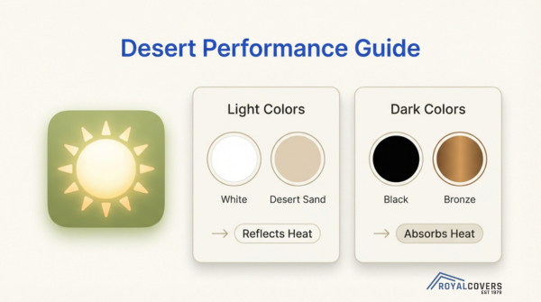 Pergola color performance guide showing light colors reflecting heat and dark colors absorbing heat, ideal for desert climate outdoor structures