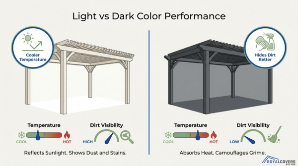 Alumawood pergola light vs dark color performance comparison for heat and dirt visibility
