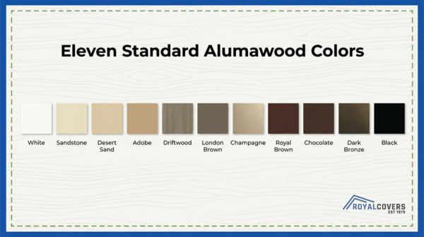 Standard Alumawood pergola color chart showing full range of available finishes for patio covers