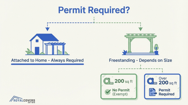Alumawood pergola permit requirements chart for attached and freestanding patio covers by size