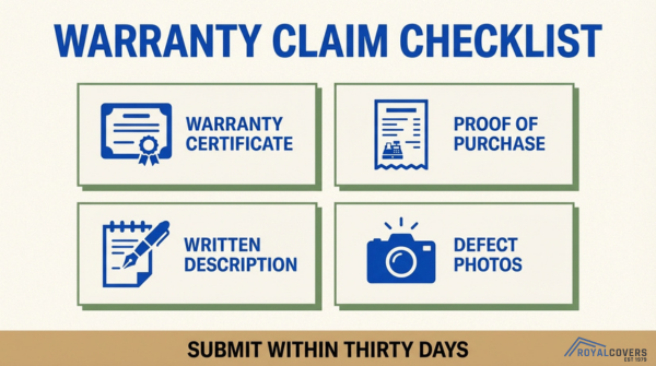 Alumawood warranty claim checklist including certificate, proof of purchase, and defect photos